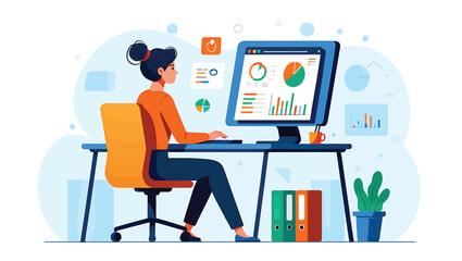 Modern flat vector illustration of a professional woman at her desk analyzing business statistics and financial reports on a computer screen.