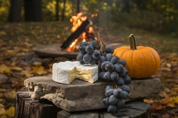 Enjoying a cozy autumn picnic with gourmet cheese, ripe grapes, and a festive pumpkin beside a warm campfire in a woodland setting.