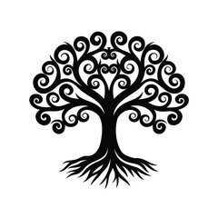 Stylized Ornamental Tree with Swirling Branches and Roots in Black Silhouette