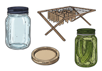Mason Jars, Pickles, and Drying Rack: Hand-Drawn Illustration