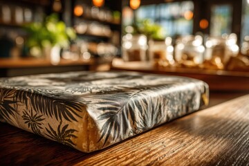 A stylish cushion with a tropical leaf pattern on a rustic wooden table.
