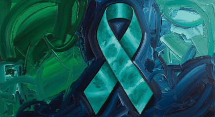 Teal ribbon for awareness of ovarian cancer on abstract green background