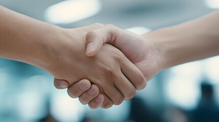 two hands shaking in office meeting room with teamwork vibe
