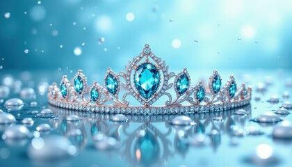 fresh look product photography of a gemstone tiara surrounded by water droplets and crystal pearls, hyper realistic close up, clean background, aquamarine blue gradient