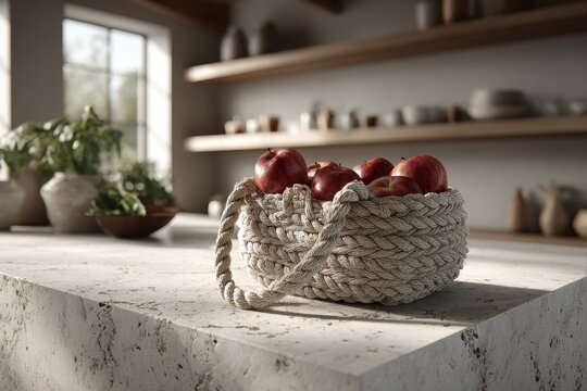 A rustic woven basket filled with fresh red apples on a modern kitchen countertop, bathed in natural light.