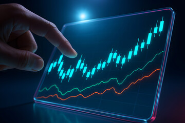 Finger pointing at glowing blue stock market graph