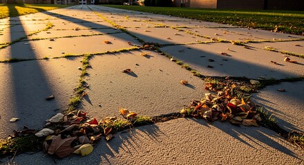 A cracked concrete sidewalk with fallen autumn leaves and long shadows during a golden sunset.