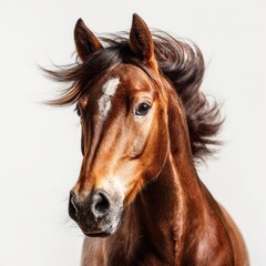Obraz premium Close-up portrait of a brown horse with flowing mane and tail against a white background