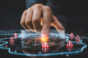 Finger touching glowing button on digital interface with warning signs