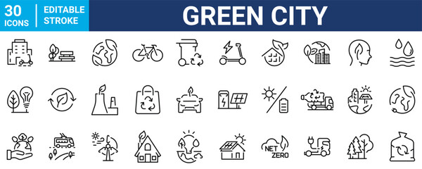 Green city Web Icon Set in Line Style. Collection of Green energy Linear Icons, Including renewable energy, autonomous building, air and water quality, zero waste, environmental. Editable Stroke