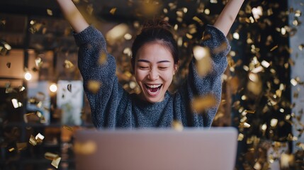 startup entrepreneur launching website on laptop with celebration