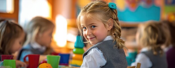 The smiling girl in a classroom surrounded by colorful cups and toys