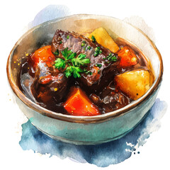 Beef Stew in watercolor style, vector illustration, isolated on white background.