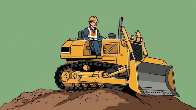 Bulldozers on Construction Site: Cartoon Style Animation Featuring Heavy Equipment and Construction Workers in a Dynamic Composition Designed for