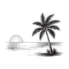 palm trees on the beach engraving outline vector art illustration design, palm tree silhouette, hand drawn beach drawing, line art palm tree, sea, beach, summer view, vintage palm tree on sea beach.