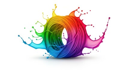 Obraz premium Splashing multicolored rainbow paint shaped like a spool of thread on a solid white background