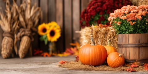 Fall festival vibes concept. Autumn decor with pumpkins, flowers, and harvest elements.