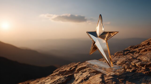 Crystal Star Trophy at Sunset Overlooking Majestic Mountain Range