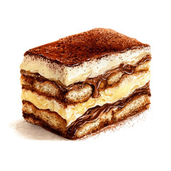 Tiramisu Cake in watercolor style, vector illustration, isolated on white background.