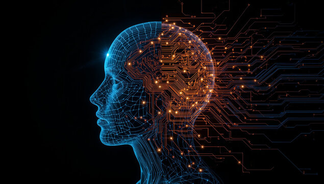 A futuristic digital wireframe head with glowing circuits representing artificial intelligence and the mind.
