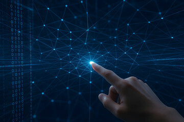 Hand touching glowing node in digital network technology