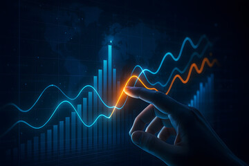 Hand touching glowing orange financial graph data finance