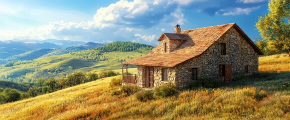 A stone house with a brown roof sits on a hill overlooking a green landscape