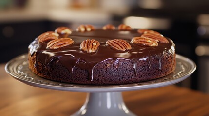 Delicious Chocolate Cake with Pecans on Decorative Cake Stand