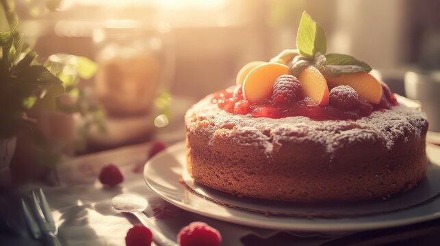 Delicious Berry Topped Cake with Fresh Fruits and Mint Garnish