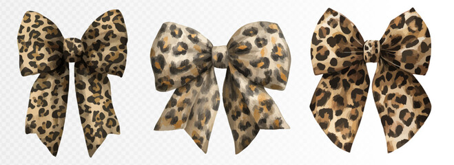 Set of leopard print watercolor bows with tall narrow ribbons and natural fur tones, ideal for exotic fashion accessories, bold gift wrap, and jungle-inspired decor. Vector illustration. © Daria