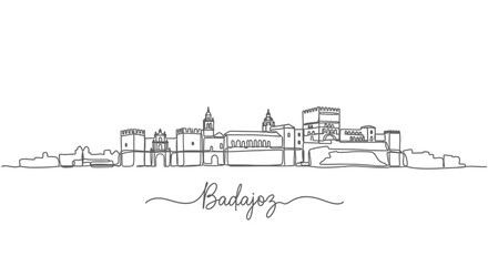 Obraz premium Badajoz city skyline with Spain, line art, and white.