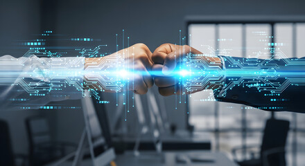 Two professionals making a fist bump, symbolizing successful collaboration and technological advancement with a glowing digital circuit overlay connecting their hands in a modern office setting.