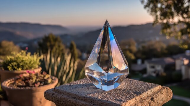 Crystal Teardrop Sculpture on Stone Surface with Scenic Background - Powered by Adobe