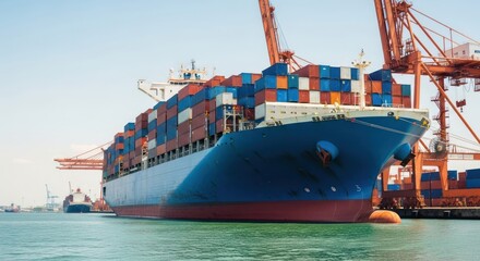 Fototapeta premium Large cargo ship docked, loaded with colorful containers, port cranes nearby