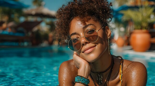 Beautiful African American Woman Relaxing in a Swimming Pool on a Sunny Day. - Powered by Adobe