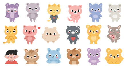 Cute Kawaii Animal and People Character Set – Cartoon Cats, Bears, and Kangaroo Vector Illustration