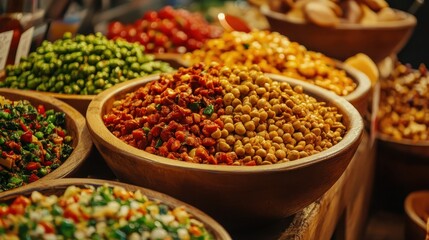 Colorful Display of Fresh Spices and Grains at Market Stall