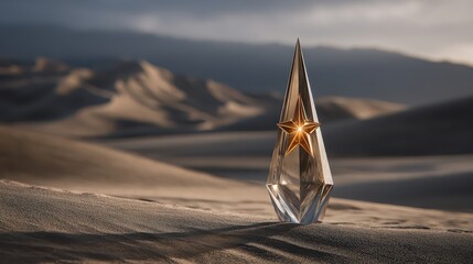 Crystal trophy with golden star on sandy desert landscape