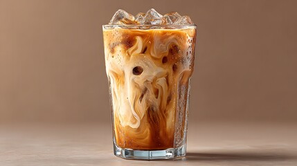 Iced latte with flowing cream in a tall glass. Drink photography.