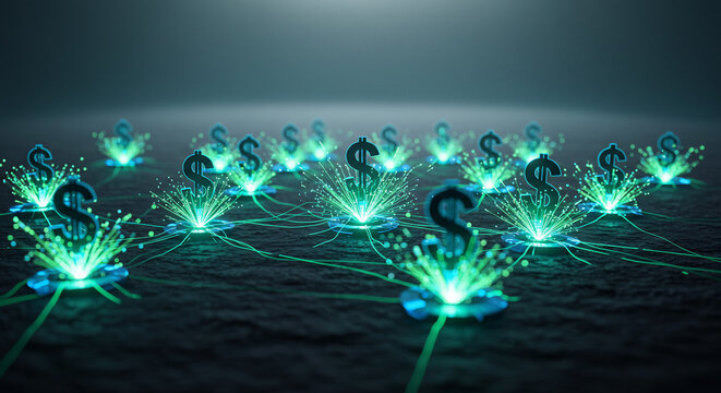 Dollar signs emerge from glowing green energy sources, connected by a network of lines, symbolizing growth and financial connections. - Powered by Adobe