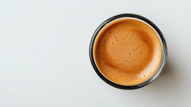 A close-up view of a cup of coffee showing its rich, creamy foam and vibrant color against a minimalistic background.