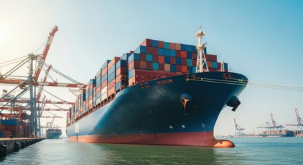 Naklejka premium Massive container ship docked, full of cargo, under a clear sky