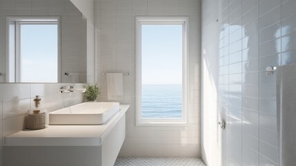 Fototapeta premium A bathroom with a large window and a sink