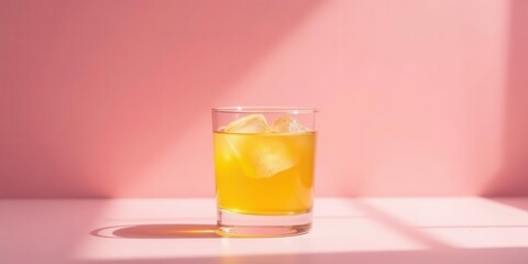 Refreshing Yellow Beverage in Glass with Ice Cubes on Pink Surface in Sunlight