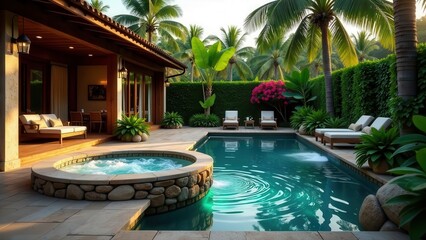 Serene Tropical Backyard Oasis Featuring a Sparkling Pool and Relaxing Hot Tub