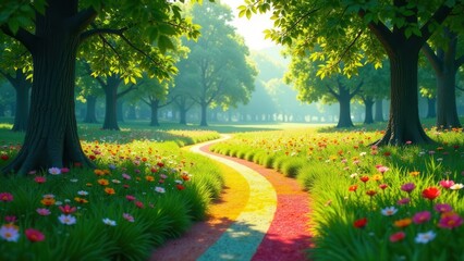 A Serene Path Winding Through a Vibrant Meadow of Blossoms, Under the Canopy of Lush Green Trees on a Sunny Day