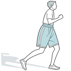 Man running with light blue athletic shorts white t-shirt