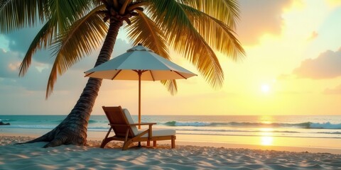 Serene Sunset Beach Scene Relaxing Chaise Lounge Under Palm Tree Shade with Beach Umbrella at Golden Hour