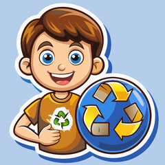 Happy boy promoting recycling with globe and arrows on blue background  