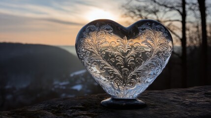 Beautiful Glass Heart Sculpture Against Sunset Background